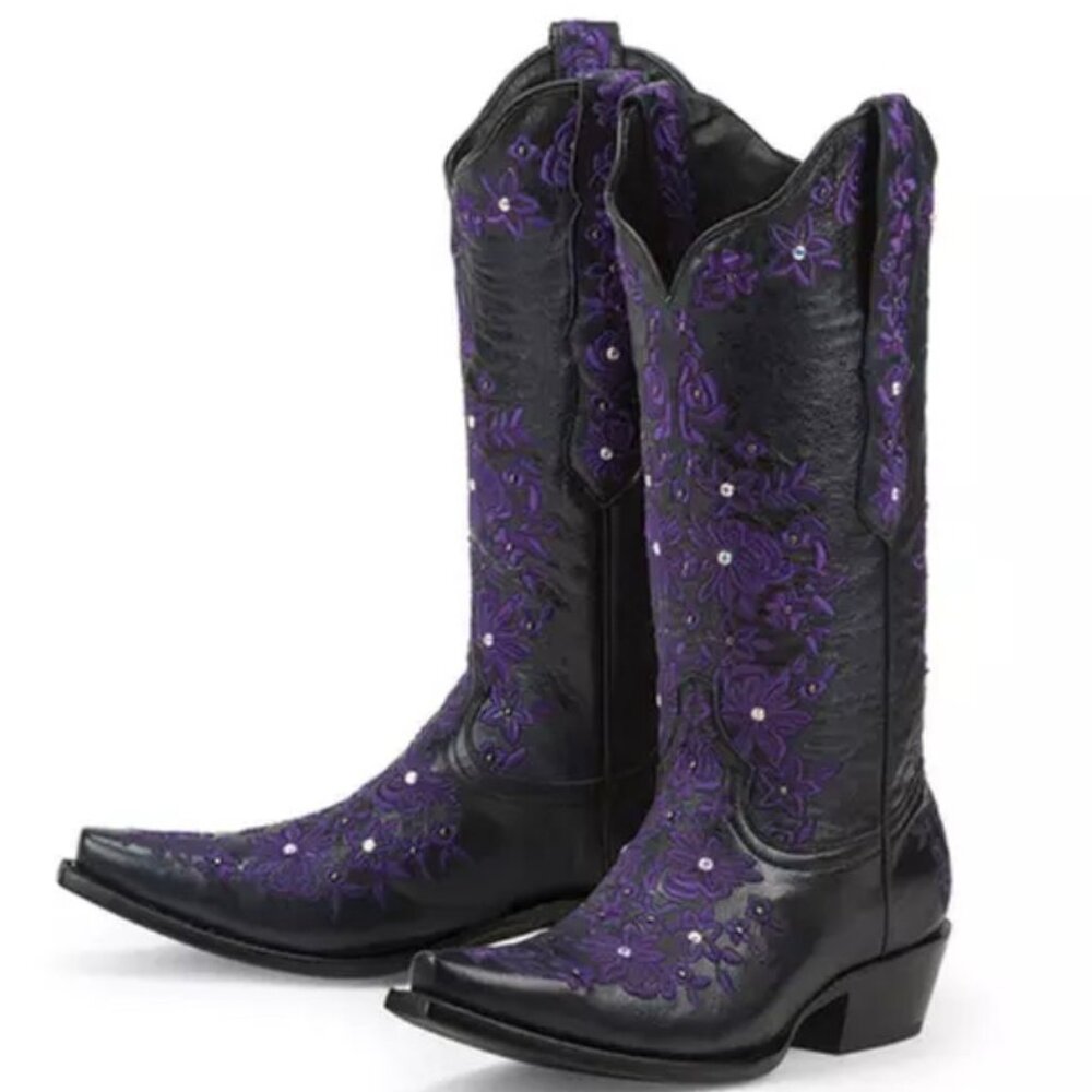Black Star SWEETGRASS Women's Cowboy Boots in Black w Purple - Size 8.5